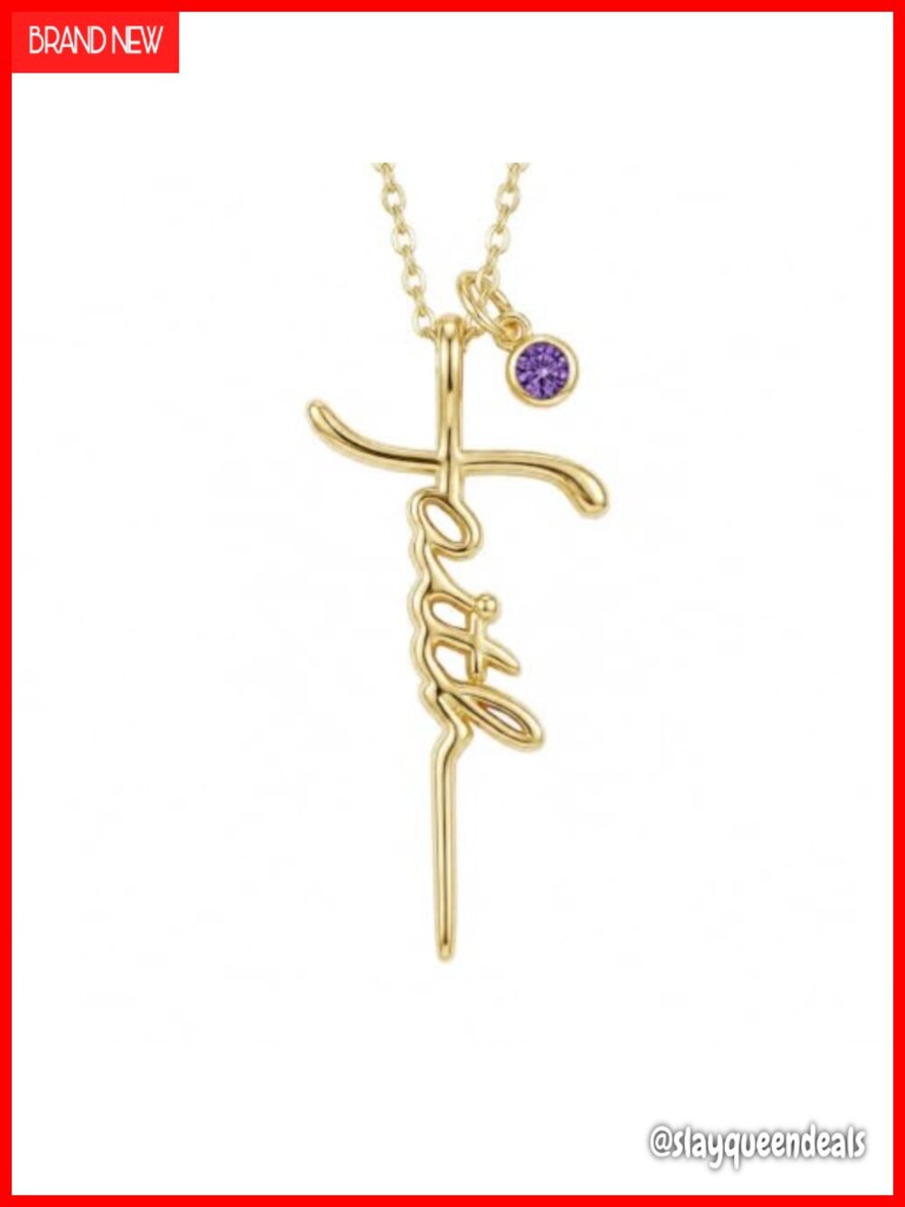 14K Gold Plated Faith Cross Necklace Amethyst Birthstone Pendant